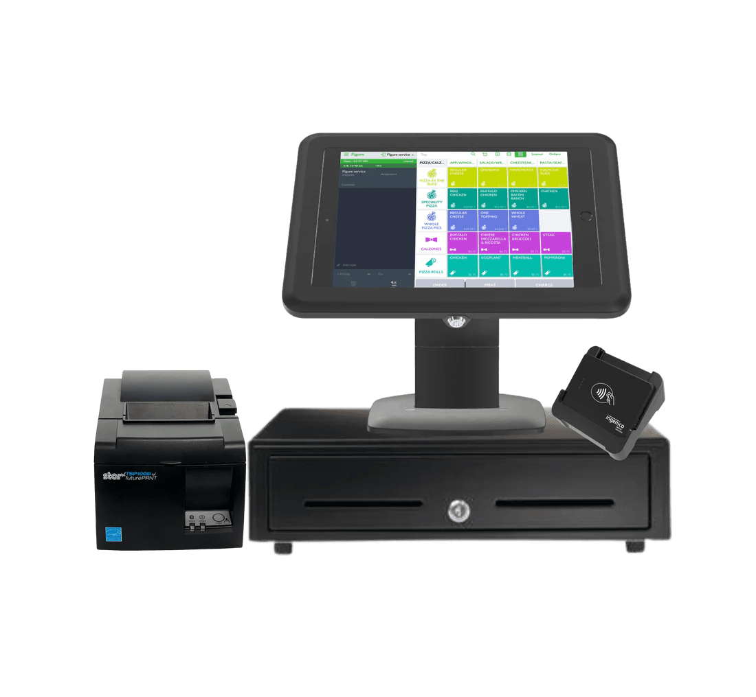 A connected Figure POS flow for counters, kitchens, kiosks, and back-office reporting.