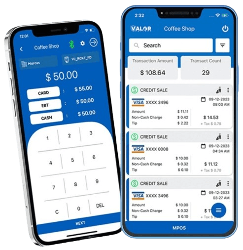 Two phones running the ValorPay app showing a payment keypad and a transaction list