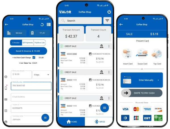 Three smartphones running the ISO Access Mobile Pay app — invoicing, a live transaction list and a checkout screen