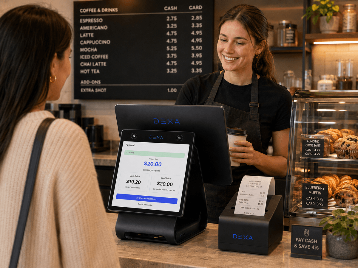 Cash and card pricing shown on a terminal