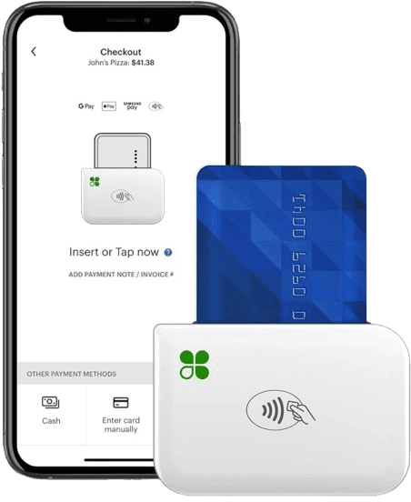 A phone running Clover Go next to the white Clover Go contactless card reader