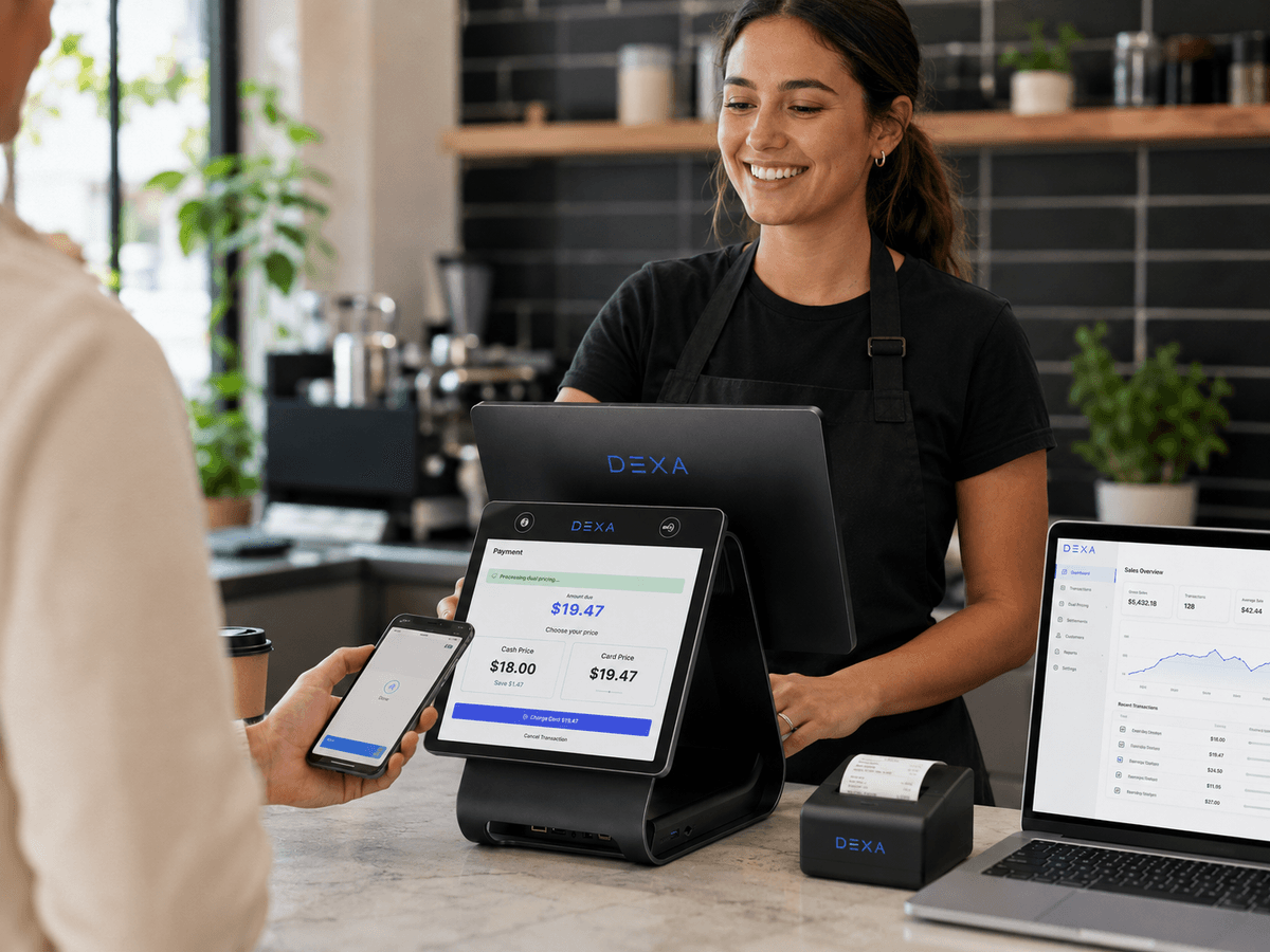 Shop owner ringing up a customer on an MTech point-of-sale terminal