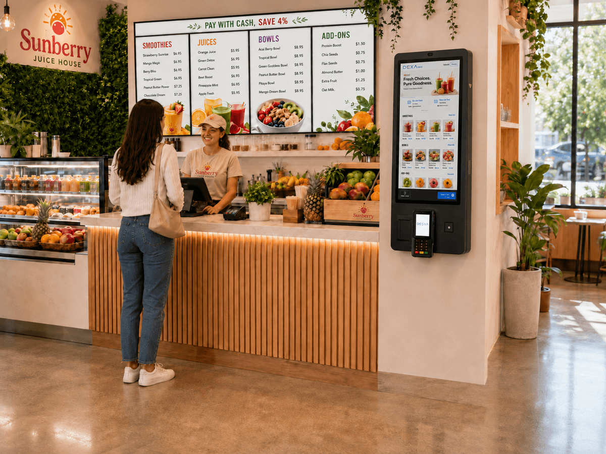 Shop owner ringing up a customer on an MTech point-of-sale terminal